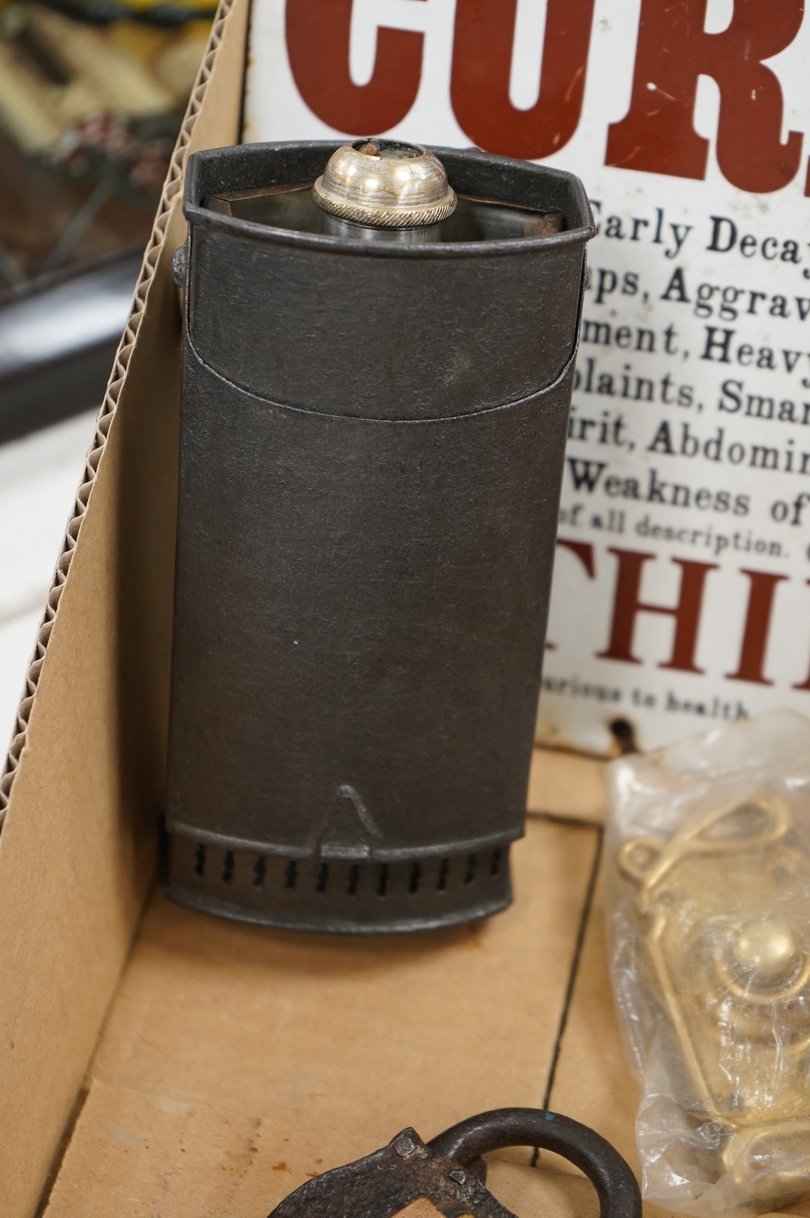 A Drakes Universal Pill enamel sign-30cm high and a group of domestic implements